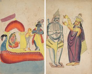Krishna färja Radha över Yamunafloden (recto); Parivati Placera en bröllopsgirland på Shiva (verso) av Unknown artist