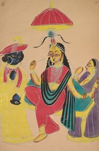 Krishna står vid Radha som sitter på en stol av Unknown artist