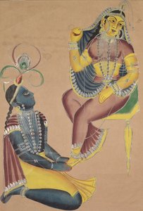 Krishna stryker Radhas fötter av Unknown artist