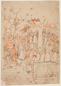 Krishna tittar på mjölkpigorna som går runt ett heligt träd: Jyesthas månad (maj–juni), från en Baramasa (de tolv månaderna) av Unknown artist