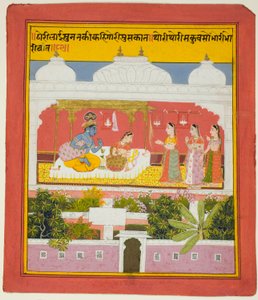 Krishna och Radha i en paviljong, från en kopia av Biharis sjuhundra verser (Sat Sai) av Unknown artist