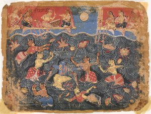 Krishna sportar med gopis i Jumnafloden, från en Bhagavata Purana av Unknown artist