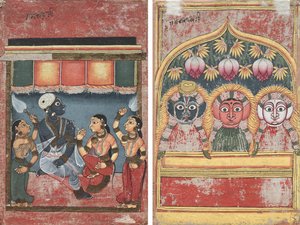 Krishna med Radha och två skötare (recto); Jagannath, Subhadra och Balarama i en båge (verso) av Unknown artist