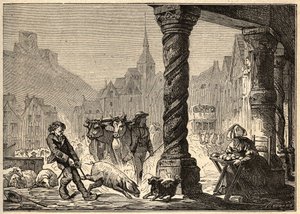 Huvudgatan på en dags vandring i Dol de Bretagne - gravering i "" PATRIE"" - BESKRIVNING PECTURESSE DE LA FRANCE EN 6 VOLYSER AV LUCIEN HUARD - slutet av 1800-talet av Unknown artist