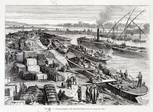 Landning av varor på en brygga i Suezkanalen av Unknown artist