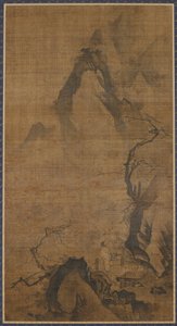Landskap: berg och vatten; en figur under ett plommonträd av Unknown artist