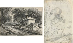 Landskap med stuga (recto); Studier av huvuden (verso) av Unknown artist