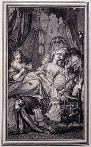 Den lilla hunden som skjuter pengar och stenar- i "Berättelser och noveller på vers" av Jean La Fontaine. 1762. av Unknown artist