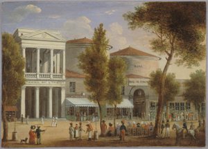 Le théâtre des Variétés et le passage des Panoramas, boulevard Montmartre, cirka 1825, cirka 1825 (olja på kort) av Unknown artist