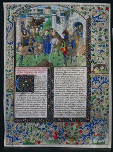 Blad från Jehan de Courcys "Chronique Universelle": Kung Priam möter Helen och Paris utanför Trojas portar av Unknown artist