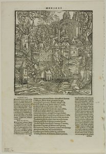 Blad från Opera av Virgilius (efter Strasbourg Virgil, 1502), plåt 90 från träsnitt från XVI-talets böcker av Unknown artist