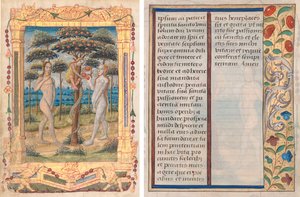Blad från en timbok: Adam och Eva och människans fall (Prefatory Miniature to the Office of the Virgin) (recto) och text med illustrerad kant (verso) (1 av 3 utskurna löv) av Unknown artist