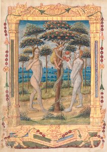 Blad från en timbok: Adam och Eva och människans fall (Prefatory Miniature to the Office of the Virgin) (recto) av Unknown artist