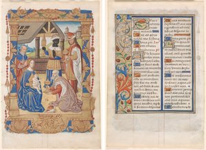 Leaf from a Book of Hours: Adoration of the Magi (recto) och text med illustrerad kant (verso) (3 av 3 utskurna löv) av Unknown artist