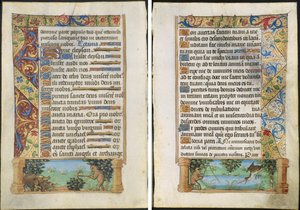 Leaf from a Book of Hours: Ape Hunting Wild Boars (recto) och Ape Fishing (verso) av Unknown artist