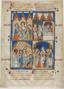 Blad ur en bildcykel: Kristus framträder för de tre Maria, Kristus och pilgrimerna på vägen till Emmaus, Tomas som tvivlar och Kristus framträder för apostlarna av Unknown artist