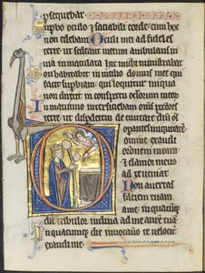Leaf from a Psalter: Initial D: David i bön inför ett altare och Kristus i ett moln (2 av 2 utskurna löv) av Unknown artist