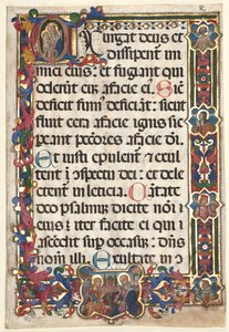 Blad från en psaltare med full kant med medaljonger (Bebådelse, SS. Jerome, Clare, Sebastian och Bernardino) och Historik initial (E): Virgin and Child av Unknown artist