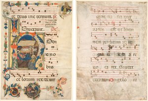 Leaf from an Antiphonary med Historiated Initial (H) med The Nativity (recto) och Music (verso) av Unknown artist