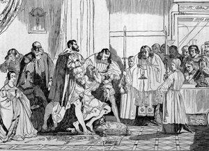 Leonardo da Vinci (Leonard de Vinci) dör i armarna på Francois I (1494 - 1547) 1519 i Clos Luce. gravyr. av Unknown artist