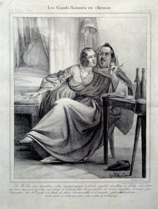 Les grands hommes en chemise Representation av författaren Honore de Balzac (1799-1850) som omsluter en ung kvinna medan hon röker en cigarett. Illustration av E. Allet (1800-talet) Paris, Maison Balzac av Unknown artist