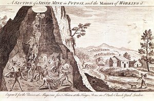 Silvergruvorna i Potosi, Bolivia. 1800-talsgravyr. av Unknown artist