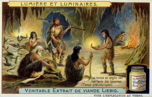 Ljus och ljusarmaturer: lerlampan för grottinvånarna under förhistorisk tid. Illustration på Liebig emballeger. av Unknown artist