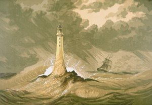 Fyr med segelfartyg av Unknown artist