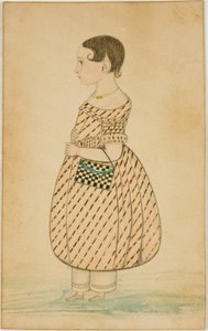Liten flicka med rutig handväska i profil till vänster av Unknown artist