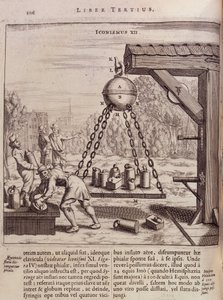 Laddar upphängda Magdeburg-hemisfärer - i "Ottonis de Guericke: Experimenta Nova Magdeburgica de vacuo spatio"" av Otto von Guericke (Otto de Guericke av Unknown artist