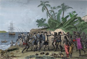 Louis Antoine (Louis-Antoine) av Bougainville, fransk navigatör (1729-1811), som talar till markisernas öar på Tahiti, den 6 april av Unknown artist