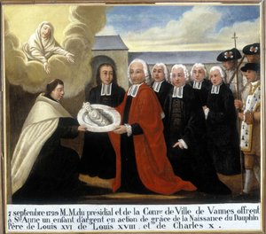 MM du Presidial et de la Commune de Vannes erbjuder Saint Anne ett silverbarn i tacksägelse från födelsen av delfinen Louis de France (1729-1765), 7 september 1729 - Ex-Voto Sainte Anne d