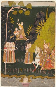 Maharaja Abhai Singh av Marwar (f. 1724–49), ridsport, tittar på flickor som svänger på Teejfestivalen av Unknown artist