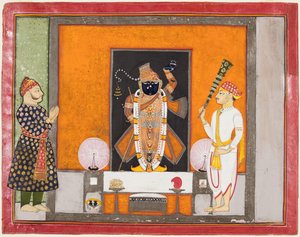 Maharao Ram Singh II av Kota (f. 1828–66) dyrkar Brij Nathji som brudgummen av Unknown artist