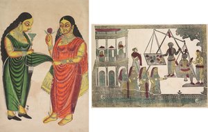Maid som kommer med en vattenpipa till en dam (recto); Krishna viktad mot dyrbara föremål (?) (verso) av Unknown artist