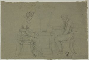 Man och kvinna sitter vid bordet av Unknown artist
