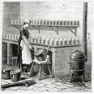 Tillverkning av camembertost (ostmassa hälls i musslor) - i "" Industrins underverk"" av Louis Figuier av Unknown artist