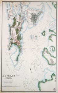 Karta över Bombay med hamnen och landet intill, även Arabiska havet och Persiska viken utritade, ca 1855 (tusch, akvarell) av Unknown artist