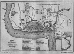 Karta över Shanghai City 1860, utsikt över kinesiska gamla stan och utländska koncessioner 1860. Karta i "" Le Tour du Monde, Nouveau journal des Voyages", redigerad av Edouard Charton, Paris av Unknown artist