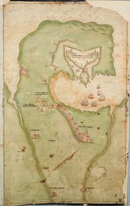 Karta över Smerwick, Irland, som visar det engelska jordverket med två kanoner för att attackera det spanska fortet och engelska soldater som marscherar ut ur Castell More av Unknown artist