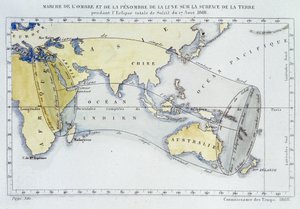 Karta, publicerad av Bureau of Longitudes, som visar månens skugga och mörker på jordens yta under förmörkelsen 1868 av Unknown artist