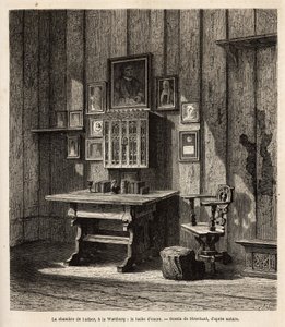 Martin Luthers rum (1483-1546) i Wartburg dit han tog sin tillflykt efter sin bannlysning 1521, med hans porträtt och föräldrarnas porträtt ovanför skrivbordet, under vars ögon han översatte Bibeln till tyska och omredigerade sina mest kända texter. Bläcke av Unknown artist