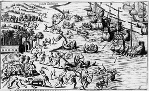Möte mellan folket i Christopher Columbus och kannibalerna - i "New Tipus After the Voyage of the New World" av Philoponus Honorius av Unknown artist