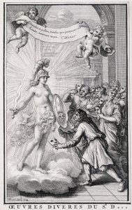 Män tittar på sig själva utan sina masker framför spegeln av sanningens allegori. Gravyr av 1700-talet. av Unknown artist