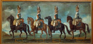 Militära uniformer av drakar, enligt ordern från 1779: regementen Lanan (n. 20), Belsunce (n. 21), Languedoc (n. 22), Schomberg (n. 24) Anonym målning från 1779. Paris, Musee de l