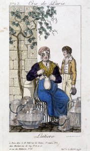Mjölk som häller mjölk i en flaska för en ung man - i "" Cris de Paris", deb. 1800-talet av Unknown artist