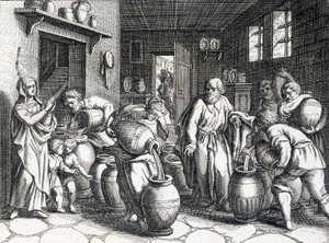 Mirakel av Elisee, biblisk profet och lärjunge till Elia som med sin mantel förmedlar sin ande och krafter till honom. Gravyr från 1724. av Unknown artist