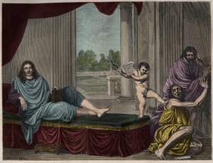 Moliere Jean Baptiste Poquelin (1622-1673) frammanar komedins ande för att förkasta laster och förgöra hyckleriet - Gravyr efter en målning som försvann från 1600-talet av Unknown artist
