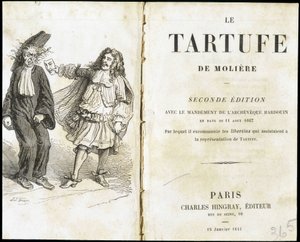 Moliere skrämmer en kyrkoherde med hjälp av en teatermask - Frontispice du "Tartuffe" (Tartufe) de Molière, red. Hingray, Paris av Unknown artist