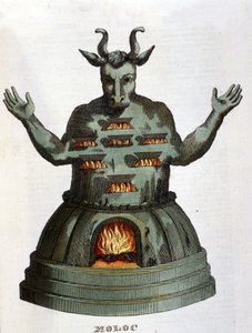 Moloch. Forntida karthagiska gudom. Vi offrade barnen till honom genom att kasta dem i lågorna. Gravyr av 1800-talet. av Unknown artist